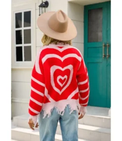 Heart Print V-Neck Tassel Long Sleeve Loose Knitwear Wholesale Womens Sweaters SSWN535330 -Women Clothing Sales Store 20220818113935953