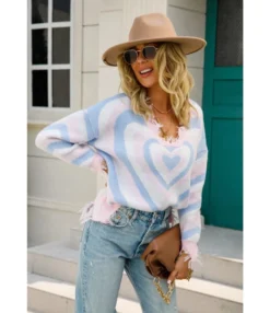 Heart Print V-Neck Tassel Long Sleeve Loose Knitwear Wholesale Womens Sweaters SSWN535330 -Women Clothing Sales Store 20220818113936960