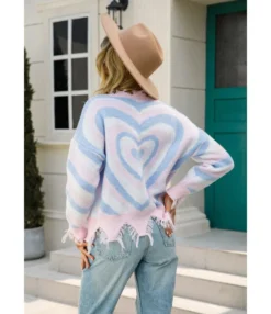 Heart Print V-Neck Tassel Long Sleeve Loose Knitwear Wholesale Womens Sweaters SSWN535330 -Women Clothing Sales Store 20220818113937525