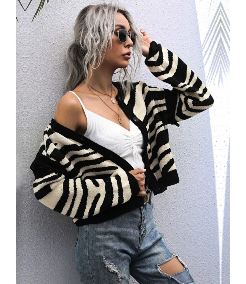 Zebra Stripe Knitted Sweater Cardigan 3 Zebra Stripe Knitted Sweater Cardigan - Image 3