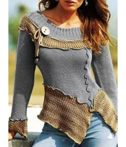 Color-block Lettuce Trim Split Crochet Sweater