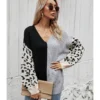 V-neck Colorblock Leopard Jacquard Knit Sweater