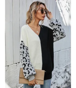 V-neck Colorblock Leopard Jacquard Knit Sweater -Women Clothing Sales Store 210108263 2