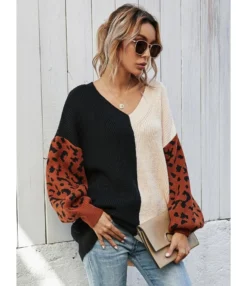 V-neck Colorblock Leopard Jacquard Knit Sweater -Women Clothing Sales Store 210108263 3