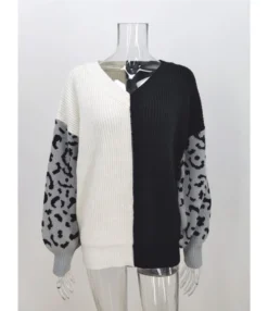 V-neck Colorblock Leopard Jacquard Knit Sweater -Women Clothing Sales Store 210108263 4 1
