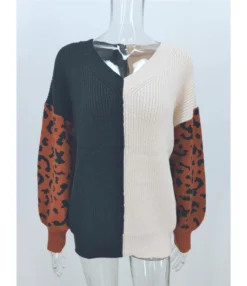 V-neck Colorblock Leopard Jacquard Knit Sweater -Women Clothing Sales Store 210108263 5 1