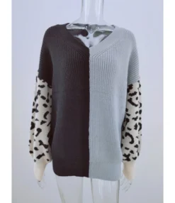 V-neck Colorblock Leopard Jacquard Knit Sweater -Women Clothing Sales Store 210108263 7 1