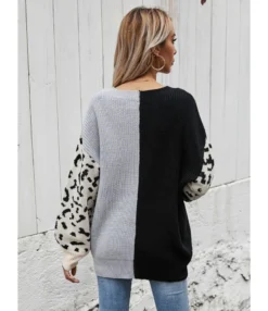 V-neck Colorblock Leopard Jacquard Knit Sweater -Women Clothing Sales Store 210108263 8