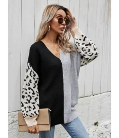 V-neck Colorblock Leopard Jacquard Knit Sweater -Women Clothing Sales Store 210108263 9