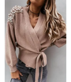Drop Shoulder Pearls Beaded Wrapover Sweater