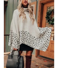 Cowl Neck Leopard Patchwork Knitted Cloak Sweater -Women Clothing Sales Store 210111440 2