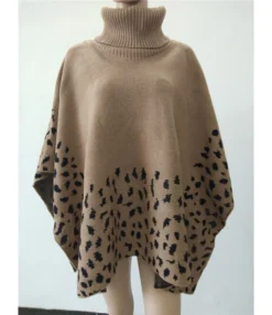 Cowl Neck Leopard Patchwork Knitted Cloak Sweater