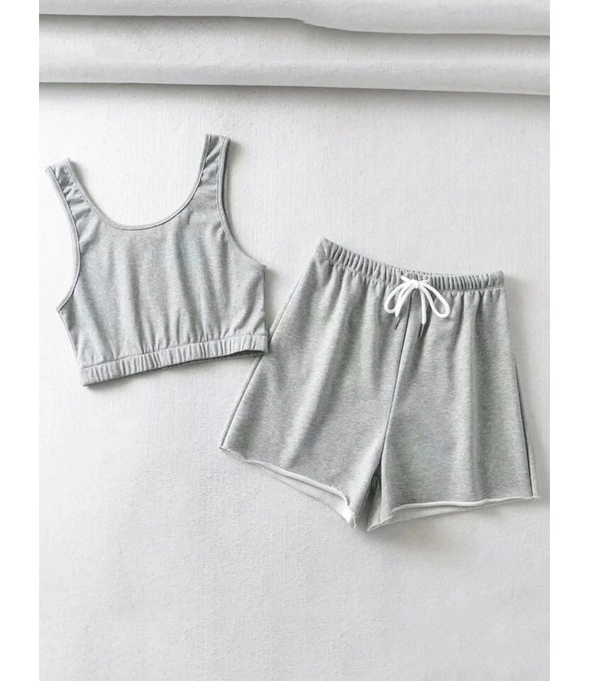 2-piece Sports Grey Outfit Tank Top & Rolled Hem Shorts 1 2-piece Sports Grey Outfit Tank Top & Rolled Hem Shorts