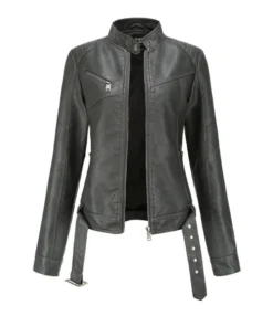 Stand Collar PU Leather Moto Jacket With Belt -Women Clothing Sales Store 210115881 10 1