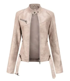 Stand Collar PU Leather Moto Jacket With Belt -Women Clothing Sales Store 210115881 11 1