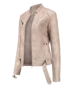 Stand Collar PU Leather Moto Jacket With Belt -Women Clothing Sales Store 210115881 12