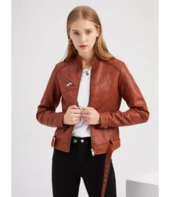 Stand Collar PU Leather Moto Jacket With Belt