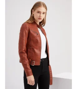 Stand Collar PU Leather Moto Jacket With Belt -Women Clothing Sales Store 210115881 2