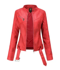 Stand Collar PU Leather Moto Jacket With Belt -Women Clothing Sales Store 210115881 8 1