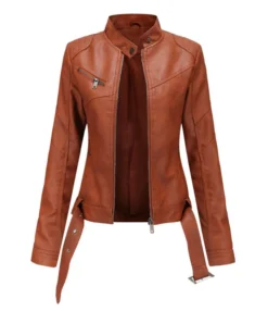 Stand Collar PU Leather Moto Jacket With Belt -Women Clothing Sales Store 210115881 9 1