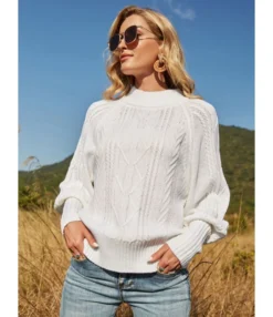 Bishop Sleeve Mockneck Cable Knit Sweater