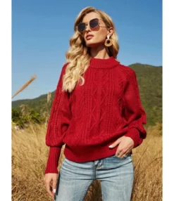 Bishop Sleeve Mockneck Cable Knit Sweater -Women Clothing Sales Store 210118263 3 1
