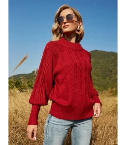 Bishop Sleeve Mockneck Cable Knit Sweater -Women Clothing Sales Store 210118263 4