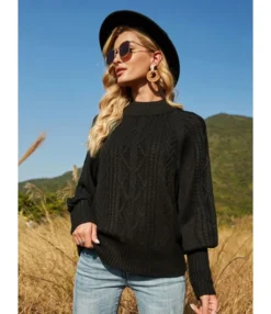 Bishop Sleeve Mockneck Cable Knit Sweater -Women Clothing Sales Store 210118263 5 1