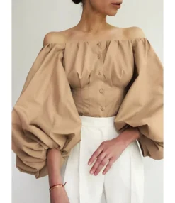 Puff Sleeve Off Shoulder Pleated Blouse 18 Puff Sleeve Off Shoulder Pleated Blouse -Women Clothing Sales Store 210130274 3