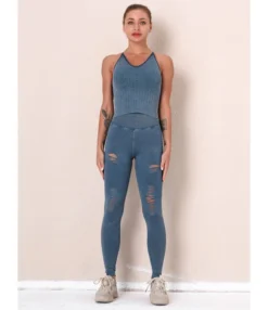 2 Pieces Crisscross Back Tank Top Matching Ripped Leggings Yoga Set