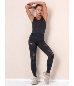 2 Pieces Crisscross Back Tank Top Matching Ripped Leggings Yoga Set -Women Clothing Sales Store 210223522 3 1