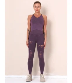 2 Pieces Crisscross Back Tank Top Matching Ripped Leggings Yoga Set -Women Clothing Sales Store 210223522 4 1