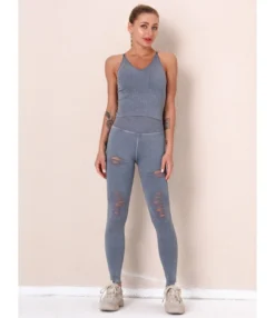 2 Pieces Crisscross Back Tank Top Matching Ripped Leggings Yoga Set -Women Clothing Sales Store 210223522 9 1