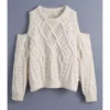 Pom-pom Trim Cold Shoulder Cutout Knit Sweater