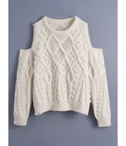 Pom-pom Trim Cold Shoulder Cutout Knit Sweater