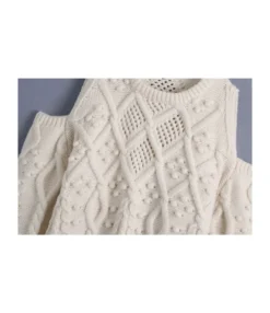 Pom-pom Trim Cold Shoulder Cutout Knit Sweater -Women Clothing Sales Store 210309294 4