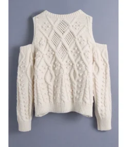 Pom-pom Trim Cold Shoulder Cutout Knit Sweater -Women Clothing Sales Store 210309294 5