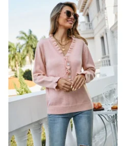 Long Sleeve V Neck Button Knit Ruffled Solid Color Sweater 210710005