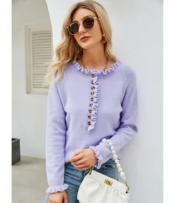 Pleats Button Decor Knitted Blouse Sweater 210710038 -Women Clothing Sales Store 210710038 1
