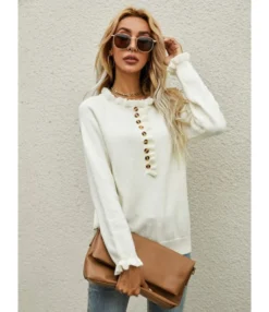 Pleats Button Decor Knitted Blouse Sweater 210710038 -Women Clothing Sales Store 210710038 2