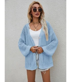 Long Sleeve V-Neck Crochet Buttons Down Solid Color Cardigan Sweater 210710173