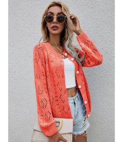 Long Sleeve V-Neck Crochet Cardigan Button Loose Sweater 210710290