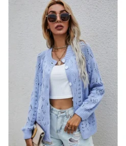 Long Sleeve V-Neck Crochet Cardigan Button Loose Sweater 210710290 -Women Clothing Sales Store 210710290 2 4