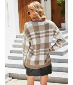 Crew Neck Plaid Pattern Knitted Sweater 210710404 -Women Clothing Sales Store 210710404 3