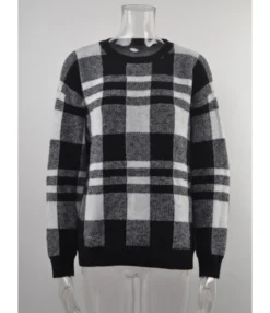 Crew Neck Plaid Pattern Knitted Sweater 210710404 -Women Clothing Sales Store 210710404 4