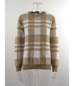Crew Neck Plaid Pattern Knitted Sweater 210710404 -Women Clothing Sales Store 210710404 5