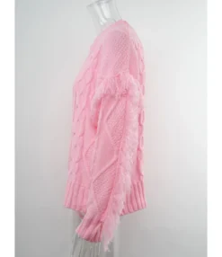 O-neck Fringe Trim Long Sleeve Solid Color Knitted Sweater 210710516 -Women Clothing Sales Store 210710516 10