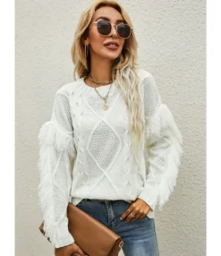 O-neck Fringe Trim Long Sleeve Solid Color Knitted Sweater 210710516 -Women Clothing Sales Store 210710516 1