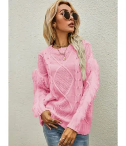 O-neck Fringe Trim Long Sleeve Solid Color Knitted Sweater 210710516