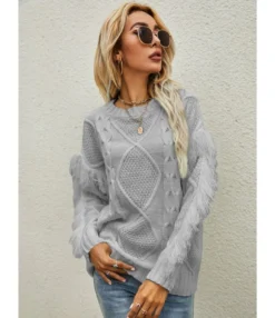 O-neck Fringe Trim Long Sleeve Solid Color Knitted Sweater 210710516 -Women Clothing Sales Store 210710516 3